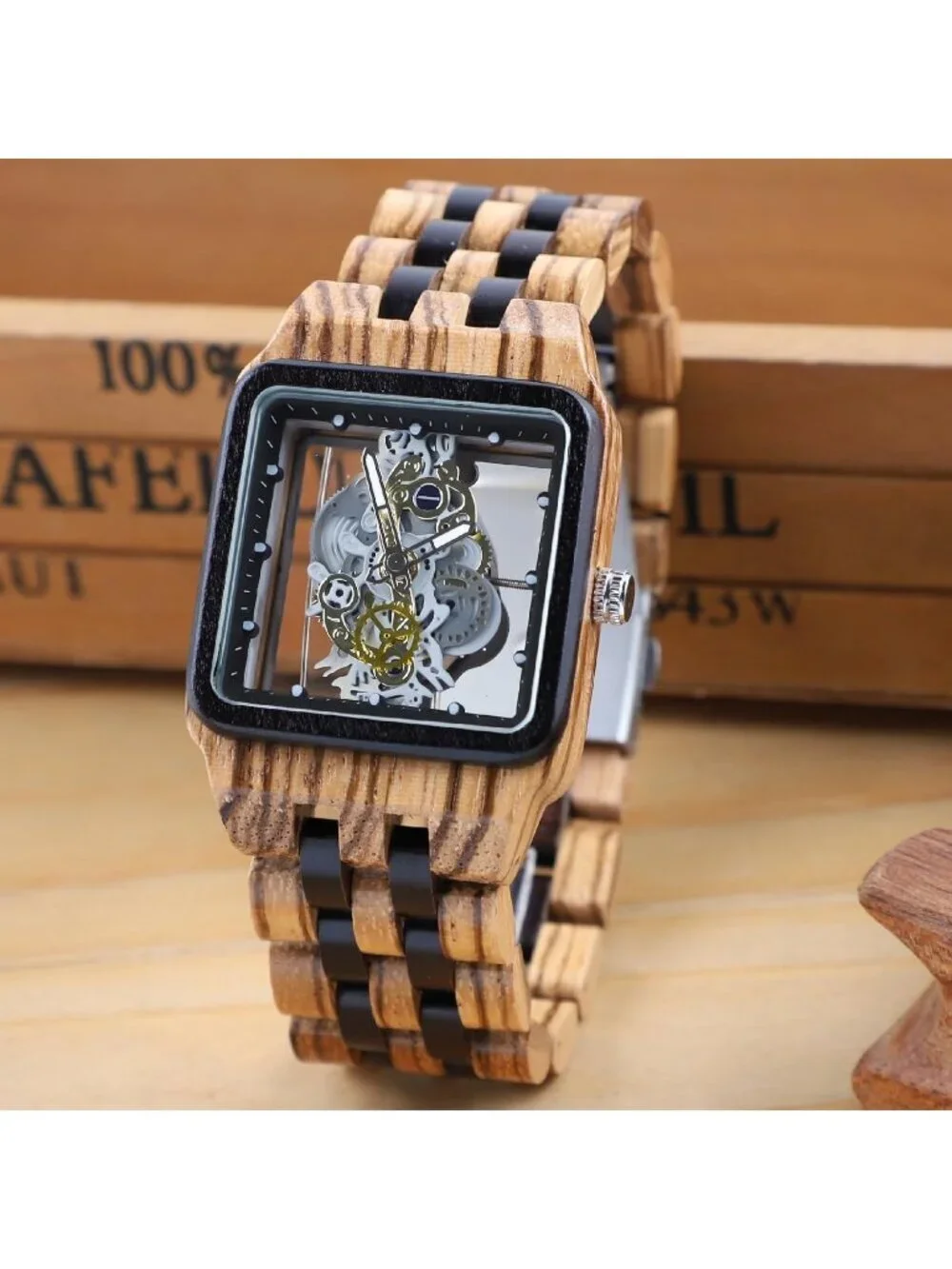 Men's Brown Square Skeleton Buckle Analog Quartz Classic Walking Wooden Watch